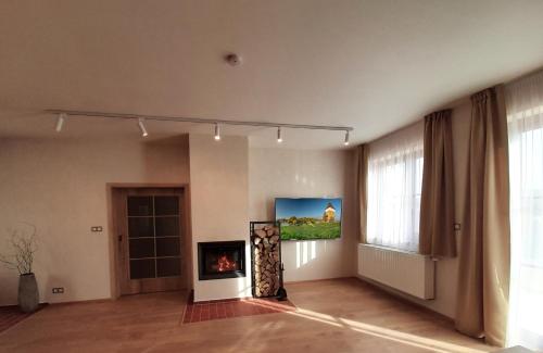 a living room with a fireplace and a painting on the wall at Residence Budákov in Dolní Dvořiště