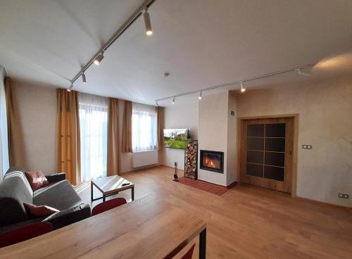 a living room with a couch and a fireplace at Residence Budákov in Dolní Dvořiště