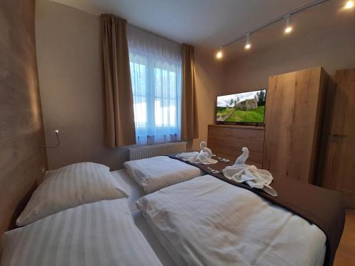 two beds in a hotel room with a tv at Residence Budákov in Dolní Dvořiště