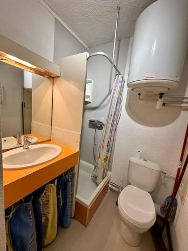 a small bathroom with a toilet and a sink at Studio Pablotin d’Abriès in Abriès