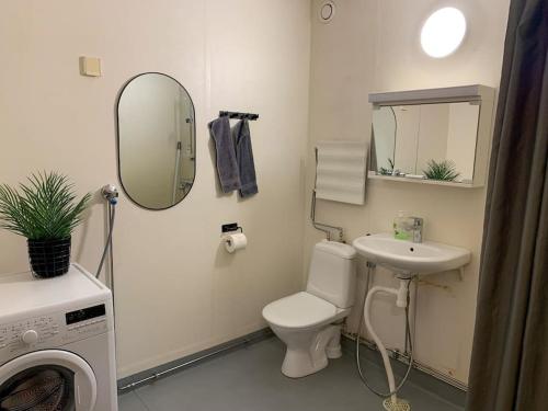 a bathroom with a toilet and a sink and a mirror at Tilava 2BR-huoneisto Saunalla in Oulu