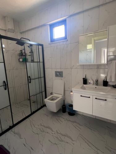 a bathroom with a toilet and a sink and a shower at Villa nightblue in Ortaca