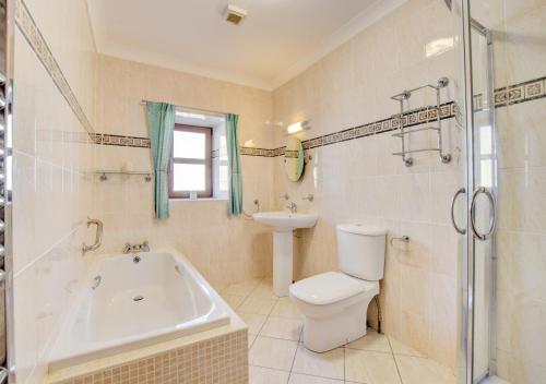 een badkamer met een bad, een toilet en een wastafel bij Blaenilar in Llanilar