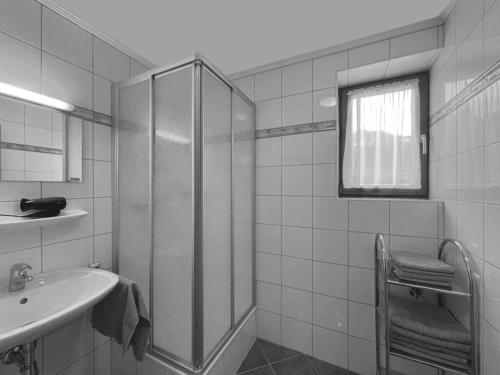 ein Bad mit einer Dusche und einem Waschbecken in der Unterkunft Welcoming apartment in Schladming in Schladming