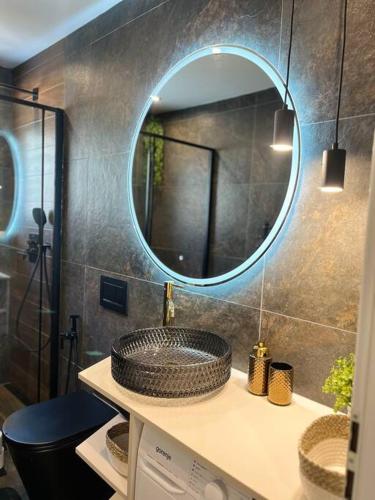 a bathroom with a sink and a mirror at Apartmán Artemis in Košice