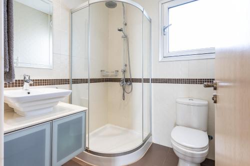 a bathroom with a shower and a toilet and a sink at Villa Chrysta in Ayios Theodhoros