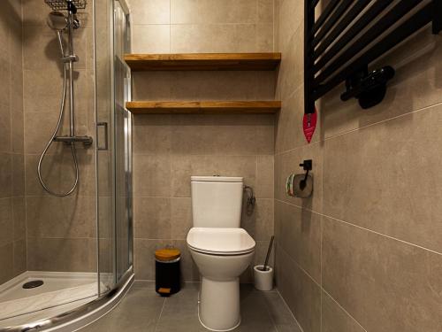 a bathroom with a toilet and a shower at VacationClub - Apartamenty Zakopiańskie Apartament 344 in Zakopane