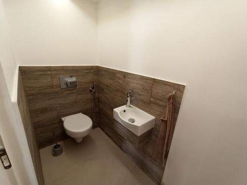 a small bathroom with a toilet and a sink at Pelso Holiday Apartments Bambusz in Siófok