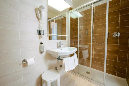La salle de bains est pourvue d'un lavabo et d'une douche. dans l'établissement Hotel Everest, à Trente