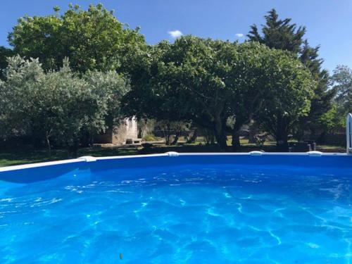 uma grande piscina azul com árvores ao fundo em 3 bedrooms house with private pool terrace and wifi at Porto de Mos em Porto de Mós