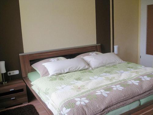 een slaapkamer met een bed met witte kussens bij Cosy apartment in Eibenstock in Eibenstock