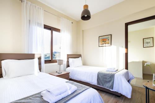 1 dormitorio con 2 camas y espejo en Villa Joan, en Ayios Theodhoros
