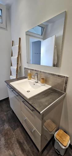 ein Bad mit einem Waschbecken und einem Spiegel in der Unterkunft Maison Plus Belle La Nuit avec jacuzzi privé in Allauch