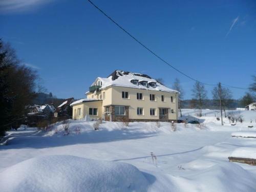 a house with snow on top of it in a yard at Large apartment in the beautiful Sauerland with garden patio and sauna in Erndtebrück