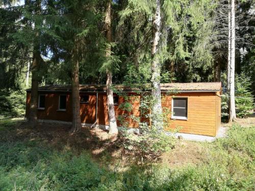 a small cabin in the middle of a forest at Cosy apartment with covered porch in Finsterbergen