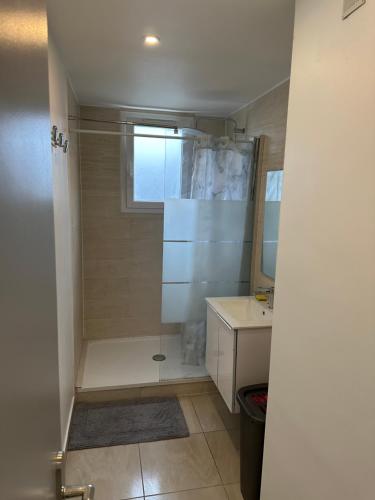 a small bathroom with a shower and a sink at Chambre proche de paris métro 7 La Courneuve 3 in La Courneuve