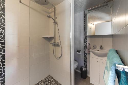 ein Bad mit einer Dusche und einem Waschbecken in der Unterkunft La Barque in Le Barcarès