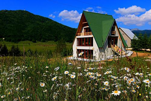 a house with a green roof in a field of flowers at Ethno village Montenegro Brezna in Pluzine
