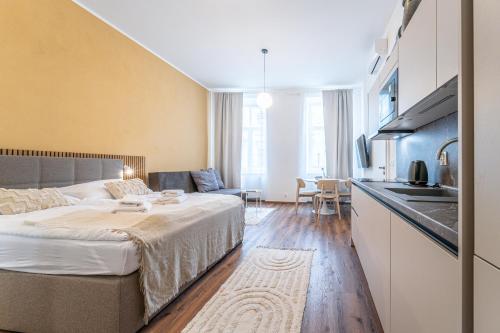ブルノにあるDesign Apartments Lužánkyのベッドとキッチン付きのホテルルーム