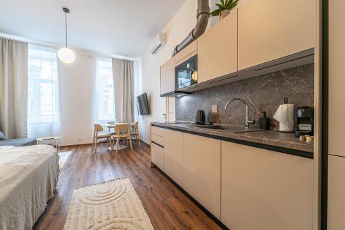 una cucina con lavandino e un letto in una camera di Design Apartments Lužánky a Brno