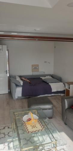 Zimmer mit einem Bett und einem Glastisch in der Unterkunft Unyi Ojo in Johnstown