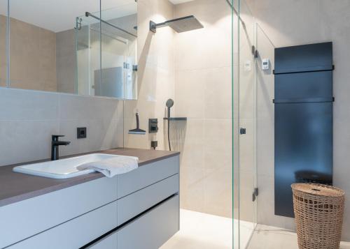 a bathroom with a sink and a glass shower at DAS GRIES in Schladming