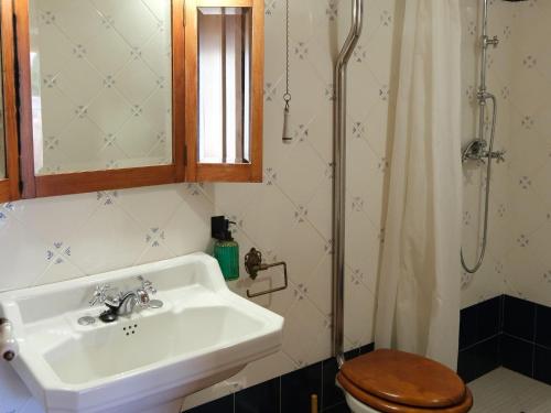 een badkamer met een wastafel, een toilet en een douche bij Modern Mansion in Guimera with Private Pool in Guimerá