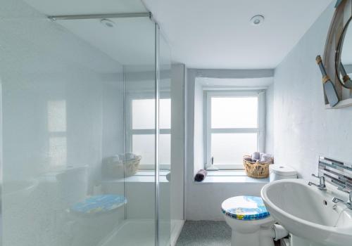 a bathroom with a shower and a toilet and a sink at Inviting Traditional Fishermens cottage in the heart of the village, close to the harbour in Mevagissey