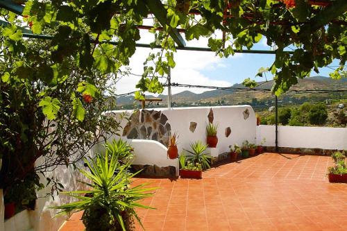 een patio met potplanten op een witte muur bij Holiday home Casa Guiniguada Santa Br gida in Santa Brígida