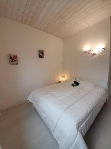 une chambre blanche avec un chat noir assis sur un lit dans l'établissement Appartement centre-ville, 4 pers, à Aix-les-Bains