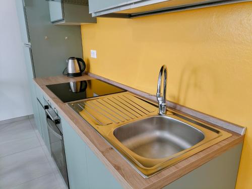 um lavatório de aço inoxidável numa pequena cozinha em FaCentro - Pratico flat in centro storico em Faenza