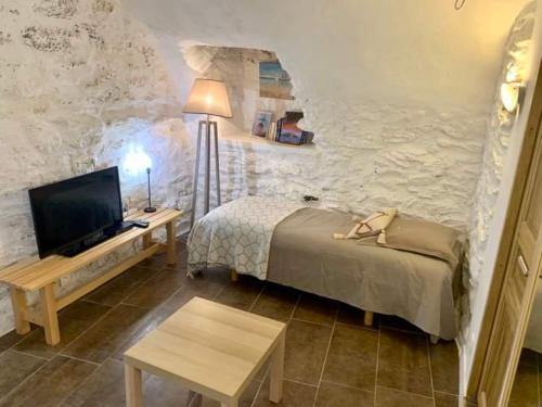 une chambre avec un lit, une télévision et une table dans l'établissement La Corse authentique et rurale, à Castifao