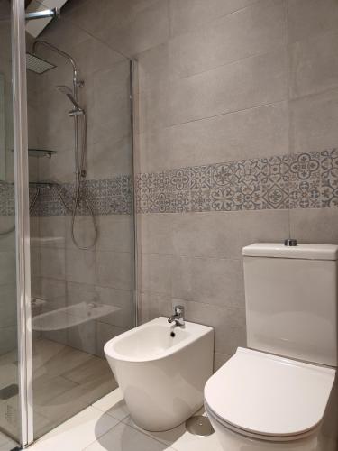 a bathroom with a toilet and a shower and a sink at Casa Divarro in O Grove