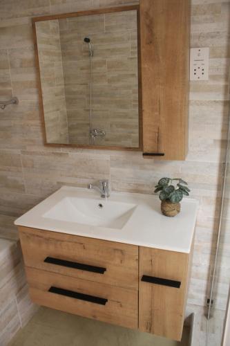 a bathroom with a sink and a mirror at The Oak Tree House in Gaborone