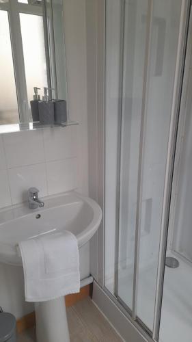 een witte badkamer met een douche en een wastafel bij Chez Eric le n2 in Tours