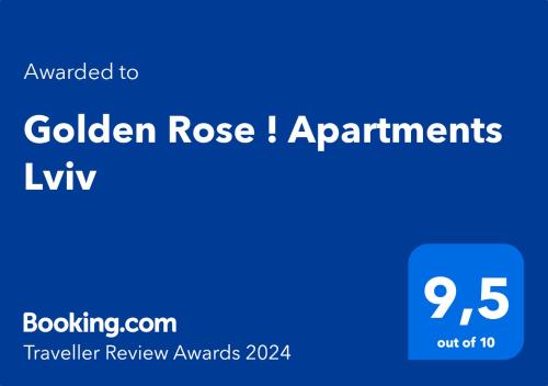 un rectangle bleu avec les mots goldenrosis et apartments ivwxyssyssktopktop dans l'établissement Golden Rose ! Apartments Lviv, à Lviv