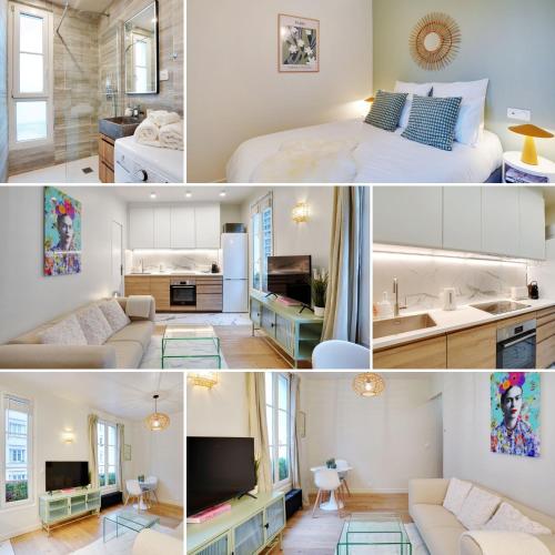 a collage of photos of a bedroom and a living room at Cosy Flat in Boulogne-Billancourt
