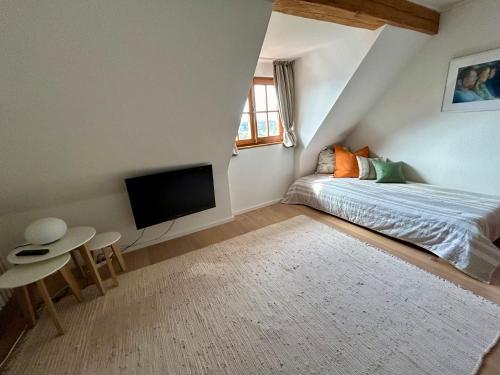 1 dormitorio con 1 cama y TV de pantalla plana en Ferienwohnung Hornauer en Salem
