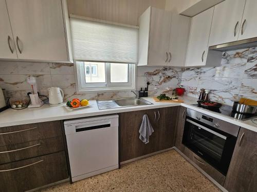 a kitchen with white cabinets and a sink at Ammos Beachfront Villa Paradise in Larnaka