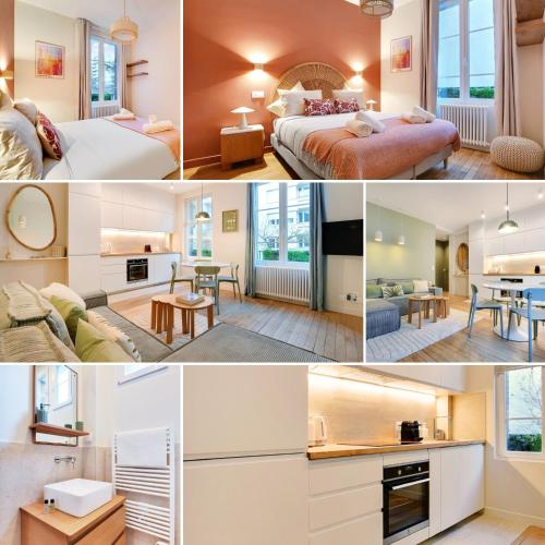 un collage de photos d'une chambre d'hôtel dans l'établissement Elegant Apartment, à Boulogne-Billancourt