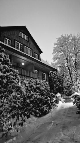 a black and white photo of a house in the snow at Willa 1910 in Karpacz