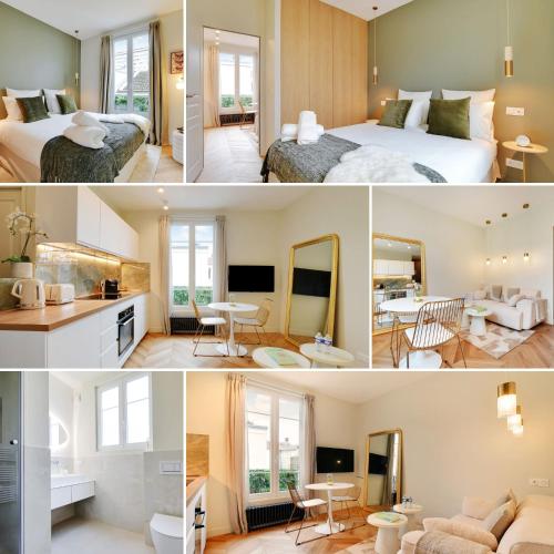 un collage de photos d'une chambre d'hôtel dans l'établissement Suite Deluxe 2 by Les Maisons de Charloc Homes, à Boulogne-Billancourt