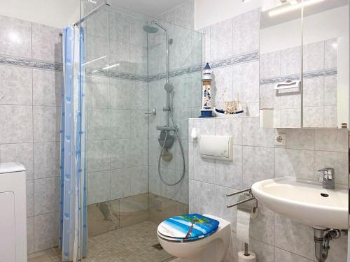 a bathroom with a shower and a toilet and a sink at Achtern Diek 12c - Wohnung 3 in Müggenburg