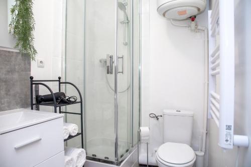 uma casa de banho com um chuveiro, um WC e um lavatório. em Le Manhattan Proche Roissy CDG - Paris - Astérix em Moussy-le-Vieux