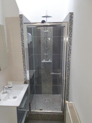 une douche dans une salle de bain avec un lavabo dans l'établissement Hypercentre Epernay appartement 4 pers The Clubhouse, à Épernay