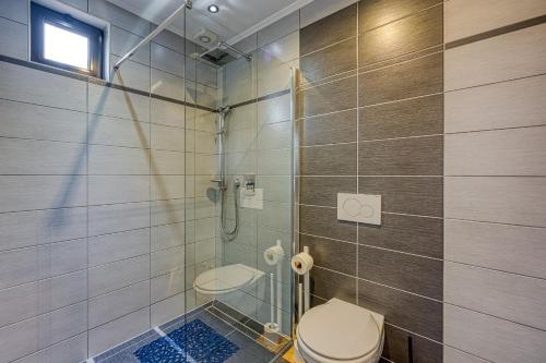 a bathroom with a toilet and a glass shower at Apartments Suki in Rovinj