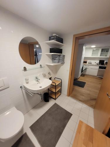 ein Badezimmer mit einem Waschbecken, einem WC und einem Spiegel in der Unterkunft Waibel Appartement Bezau in Bezau