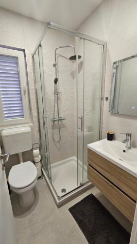 a bathroom with a shower and a toilet and a sink at Apartmani Lidija in Rab