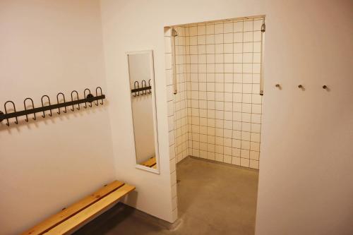 a bathroom with a mirror and a walk in shower at Plexus Hytterne in Holstebro