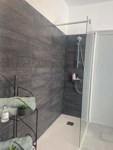 une salle de bain avec une douche avec une porte vitrée dans l'établissement B&B rue Royale Versailles, à Versailles